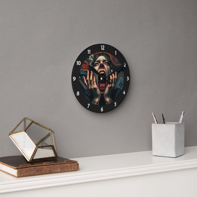 Tormented Woman Haunting Scream Round Clock (Office)