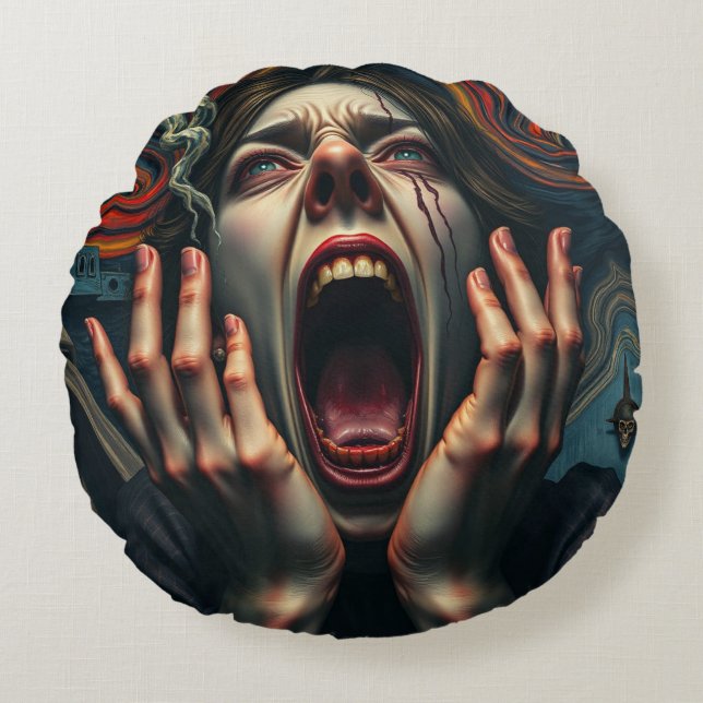 Tormented Woman Haunting Scream Round Cushion (Front)