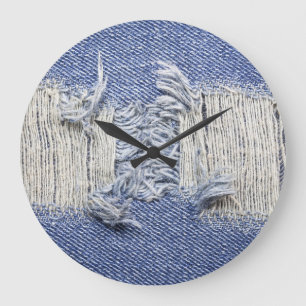 Torn blue denim: jeans texture. large clock