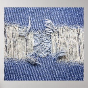 Torn blue denim: jeans texture. poster