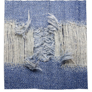 Torn blue denim: jeans texture. shower curtain