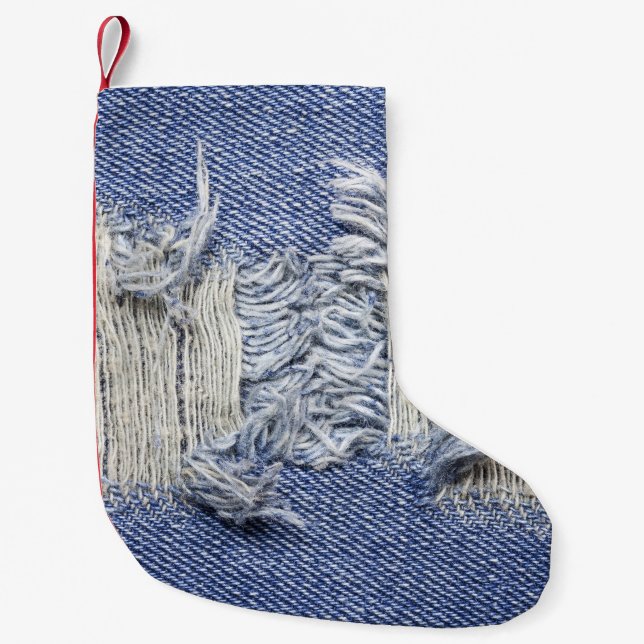 Torn blue denim: jeans texture. small christmas stocking (Front)