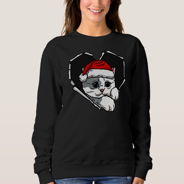 Torn Cloth Cat Face With Christmas Hat Hole Heart  Sweatshirt (Front)