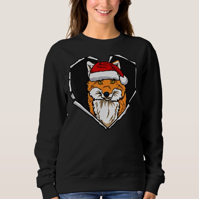 Torn Cloth Fox Face With Christmas Hat Hole Heart Sweatshirt (Front)