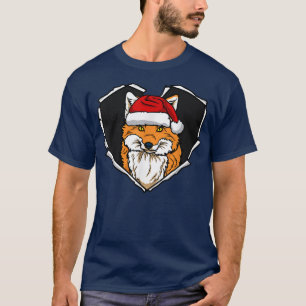 Torn Cloth Fox Face With Christmas Hat Hole Heart T-Shirt