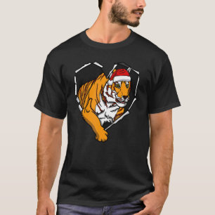 Torn Cloth Tiger Face With Christmas Hat Hole Hear T-Shirt