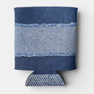 Torn denim: blue jeans fabric. can cooler