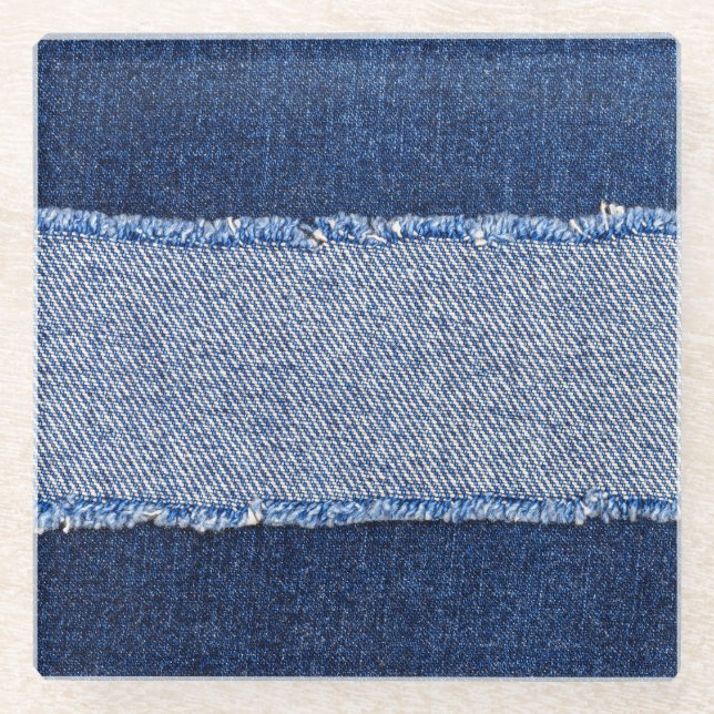 Torn denim: blue jeans fabric. glass coaster (Front)