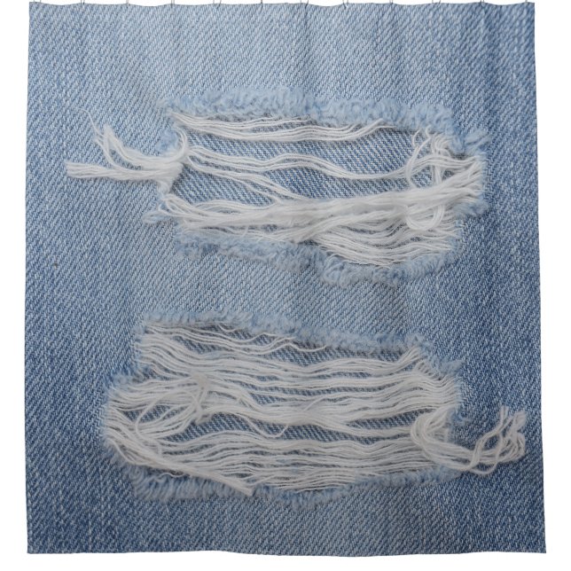 Torn denim: blue jeans texture. shower curtain (Front)