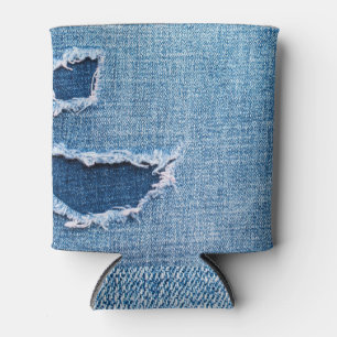 Torn denim fabric texture, blue hues. can cooler