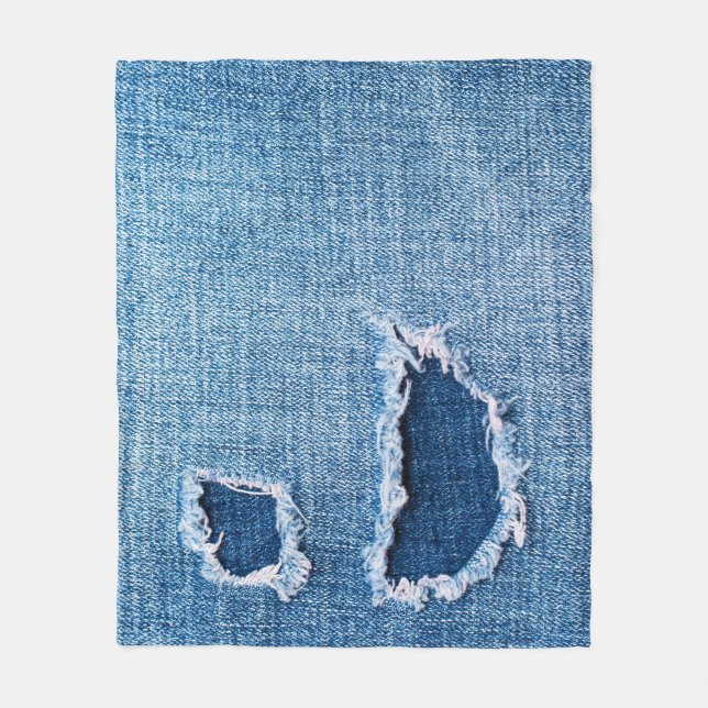 Torn denim fabric texture, blue hues. fleece blanket (Front)