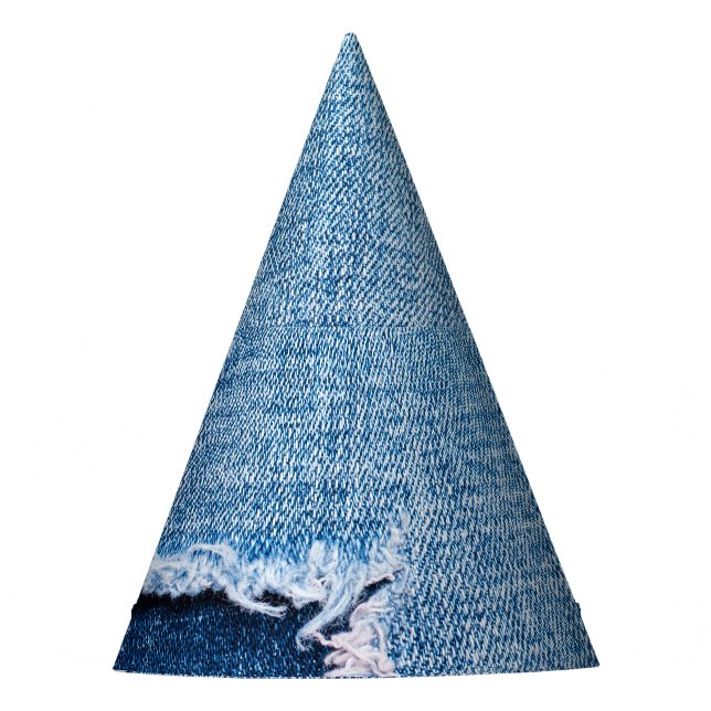 Torn denim fabric texture, blue hues. party hat (Front)