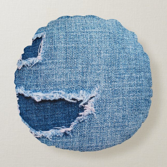 Torn denim fabric texture, blue hues. round cushion (Front)