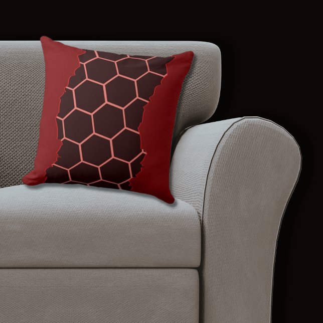 Torn Modern Red, Black Honeycomb Pattern Cushion (Red Pillow Hexagon Pattern)