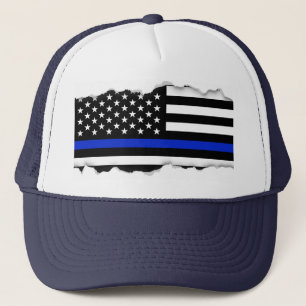 Torn Out Look Thin Blue Line American Flag Trucker Hat