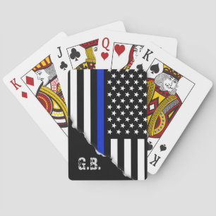 Torn Out Thin Blue Line USA Flag Custom Initials Playing Cards