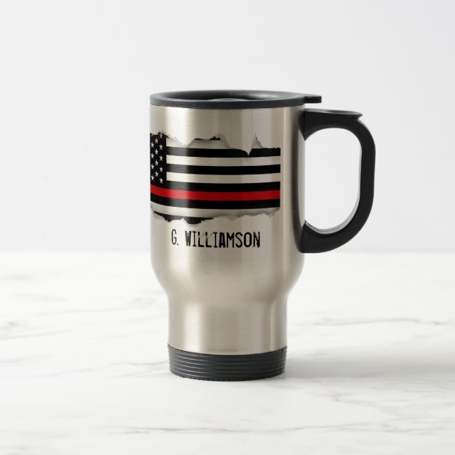 Torn Out Thin Red Line American Flag Custom Name Travel Mug (Right)