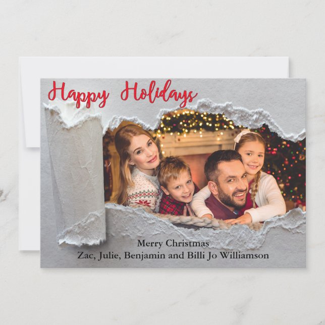 Torn Reveal Happy Holidays Christmas Family Photo Holiday Card (Front)