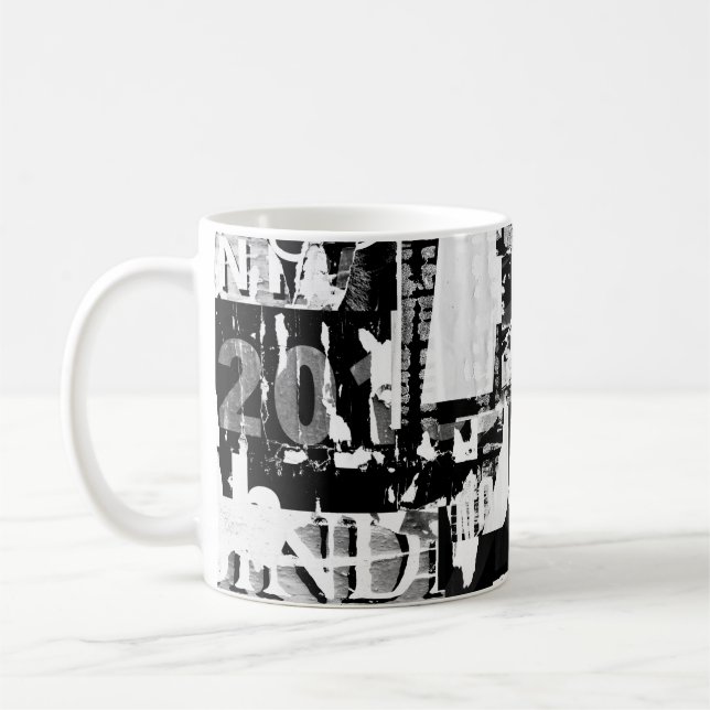 Torn street advertisement posters collage backgrou coffee mug (Left)