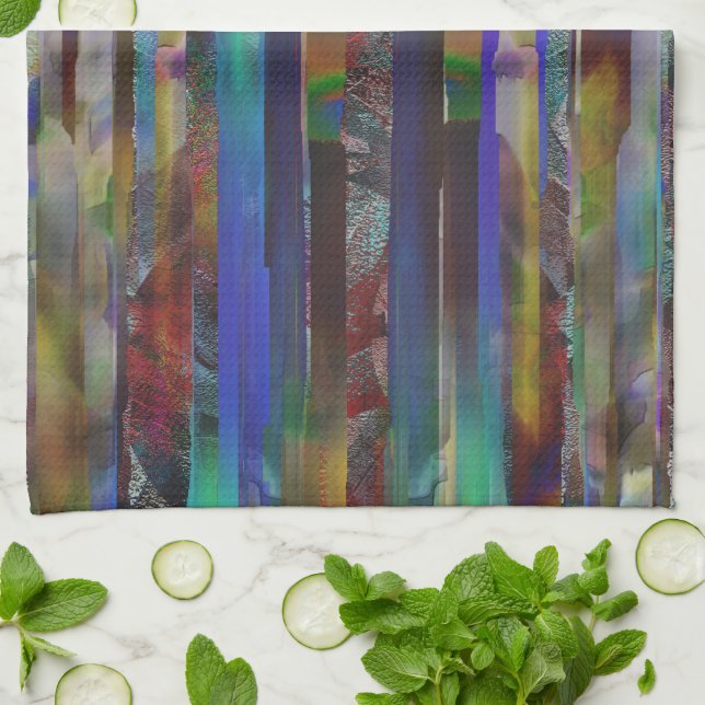Torn stripes of digital coloured textures tea towel (Folded)