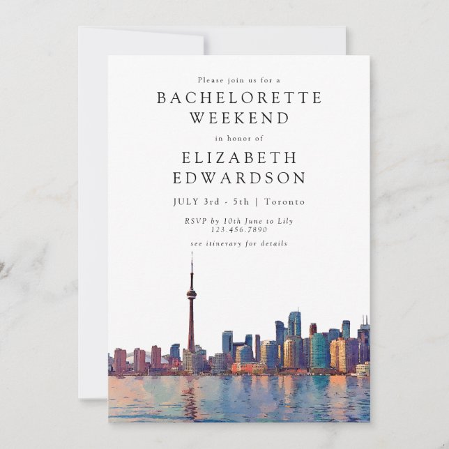 Toronto Skyline Watercolor Bachelorette Weekend Invitation (Front)