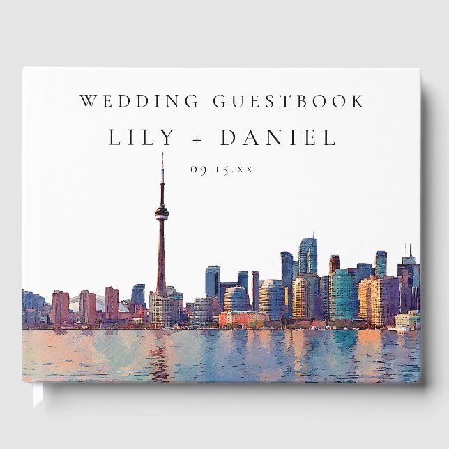 Toronto Skyline Watercolor Wedding Guest Book (Front)