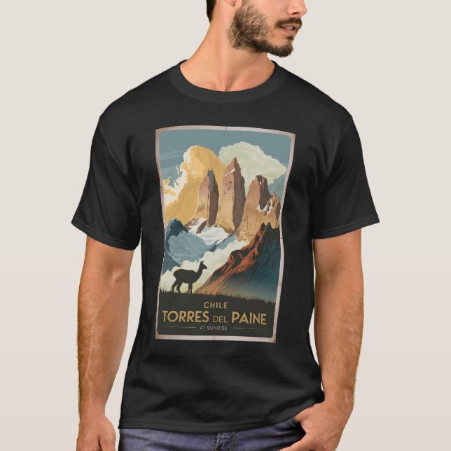 Torres del Paine Chile Illustration Travel Art T-Shirt (Front)