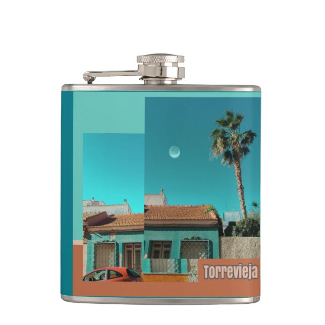 Torrevieja in Orange and Turqoise Hip Flask (Front)