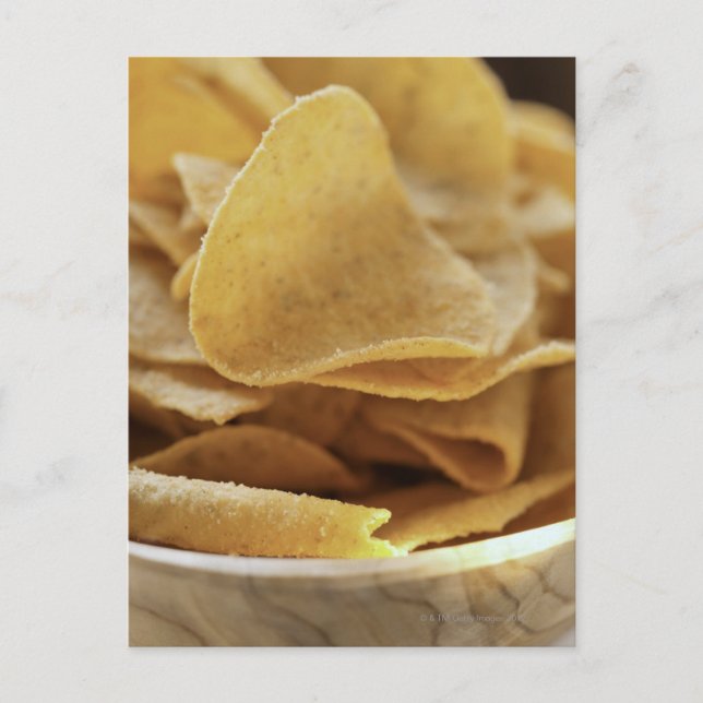 Tortilla chips in wooden bowl postcard (Front)