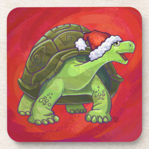 Tortoise Christmas On Red Coaster