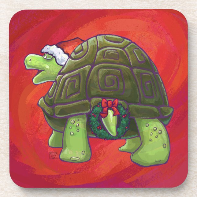 Tortoise Christmas On Red Coaster (Front)