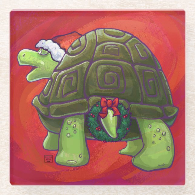 Tortoise Christmas On Red Glass Coaster (Front)