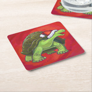 Tortoise Christmas On Red Square Paper Coaster