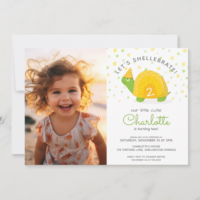 Tortoise, green yellow, kid's birthday photo invitation (Front)