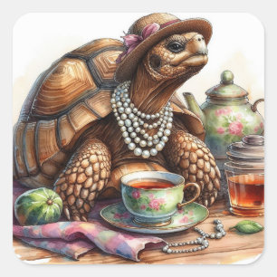 Tortoise Having Tea Square Stickers