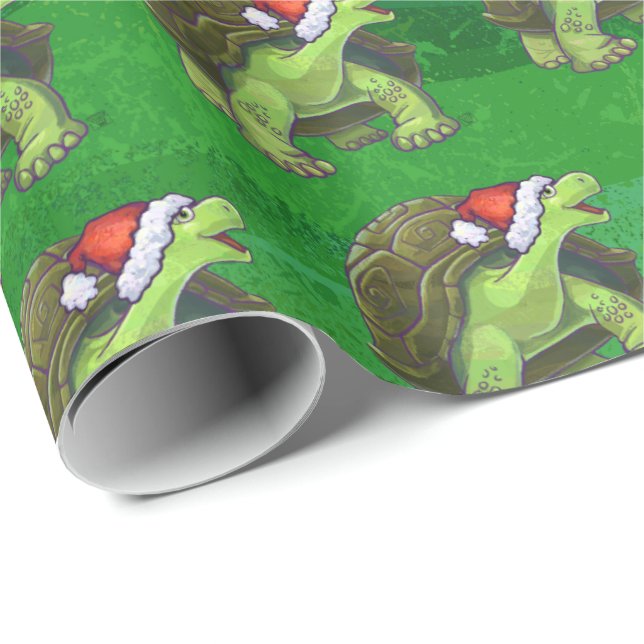 Tortoise in Santa Hat On Green Wrapping Paper (Roll Corner)
