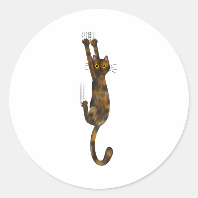 Tortoise Shell Cat Hanging On Funny Tortie Cat  Classic Round Sticker (Front)