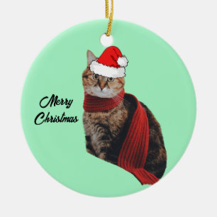 Tortoise Shell Cat with Scarf and Santa Hat   Ceramic Tree Decoration
