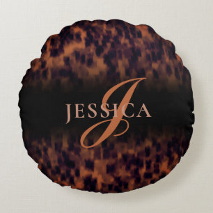 Tortoise Shell Pattern Animal Print Monogram Name  Round Cushion