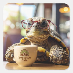 Tortoise with Glasses at a Cafe Square Stickers
