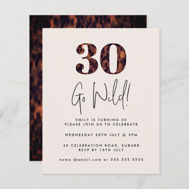 Tortoiseshell 30th Birthday Budget Paper Invite (Front/Back)