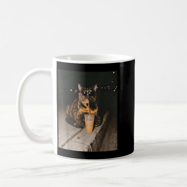 Tortoiseshell Cat Drinking Iced Coffee Funny Cat Mug (Left)