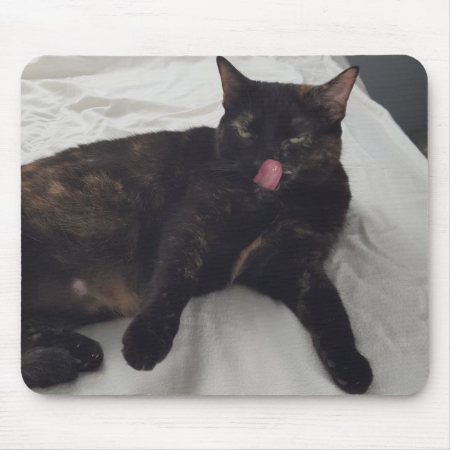 Tortoiseshell Cat Licking, Tongue Out, Mousepads (Front)