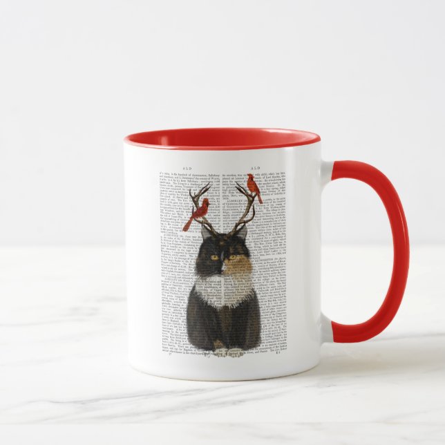 Tortoiseshell Cat with Antlers and Red Birds Mug (Right)