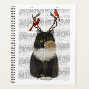Tortoiseshell Cat with Antlers and Red Birds Planner