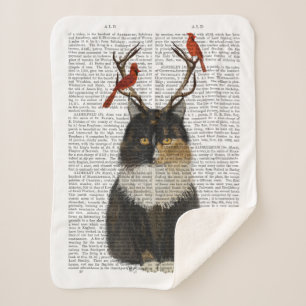 Tortoiseshell Cat with Antlers and Red Birds Sherpa Blanket
