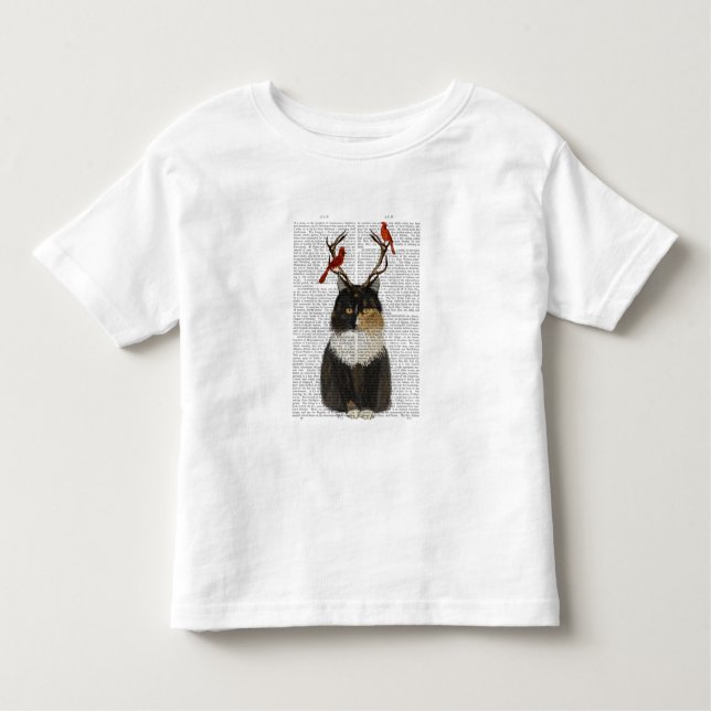 Tortoiseshell Cat with Antlers and Red Birds Toddler T-Shirt (Front)