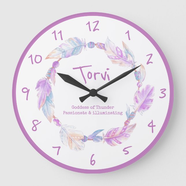 Torvi feather beads wreath name meaning purple large clock (Front)