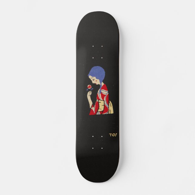 Toshio Ito Japanese Art Girl With Flower Skateboar Skateboard (Front)