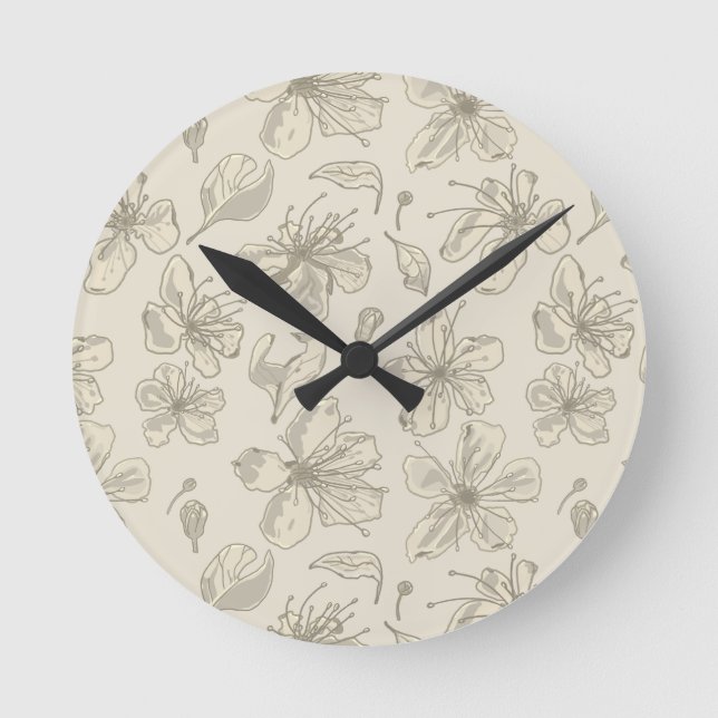 Tossed Blossoms on Light Sand - seamless pattern. Round Clock (Front)